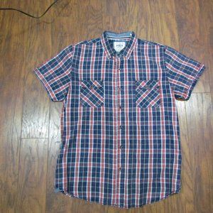 MBX Men's Blue Red Plaid Pocket Short Sleeve Button Shirt Size Large Slim Fit